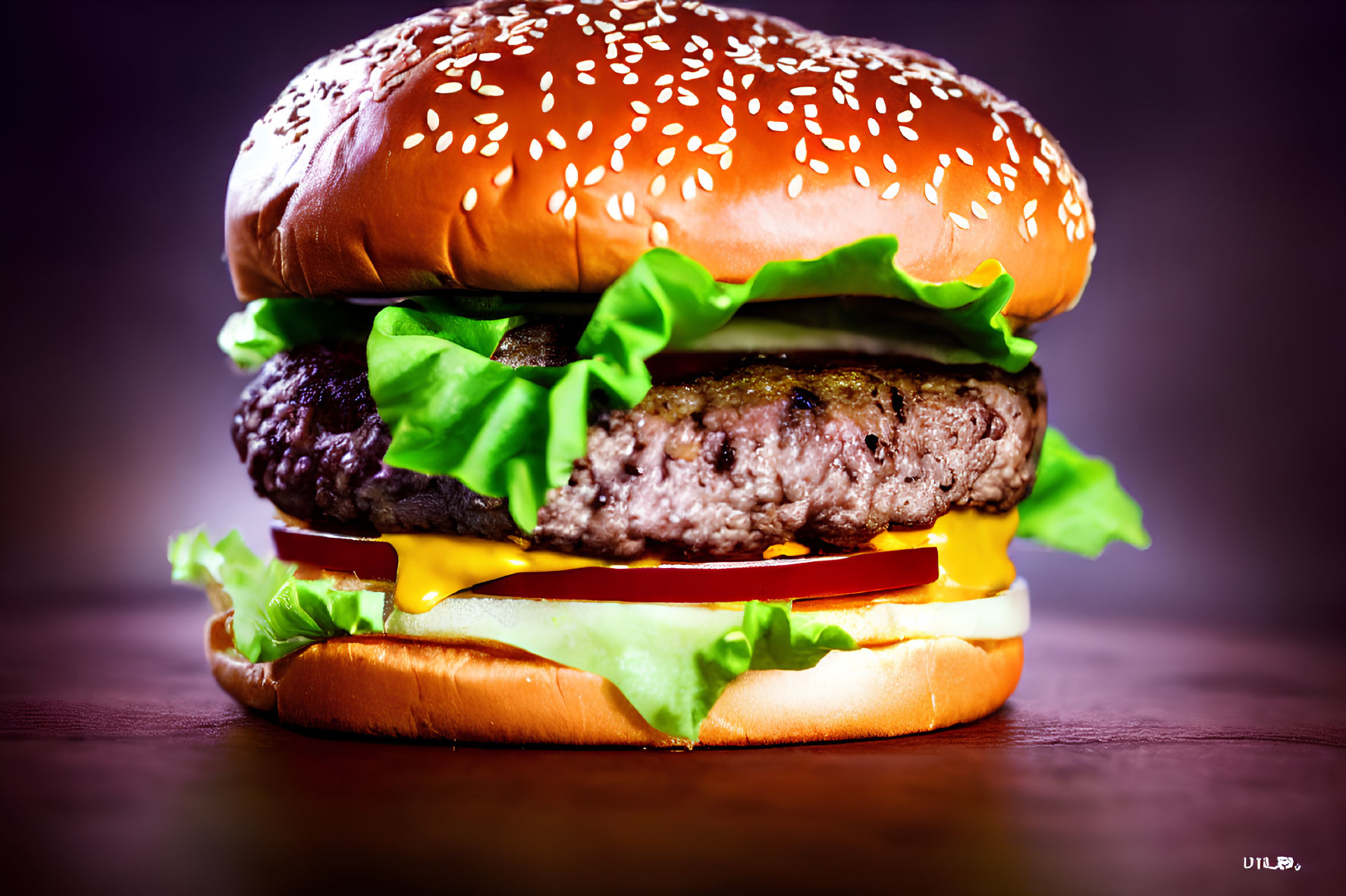 Classic Cheeseburger with Sesame Bun, Lettuce, Tomato, Cheese, and Beef Patty in