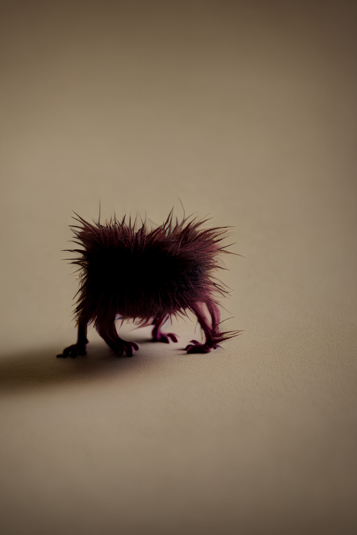 Spiky dark creature with fluffy appearance on smooth surface