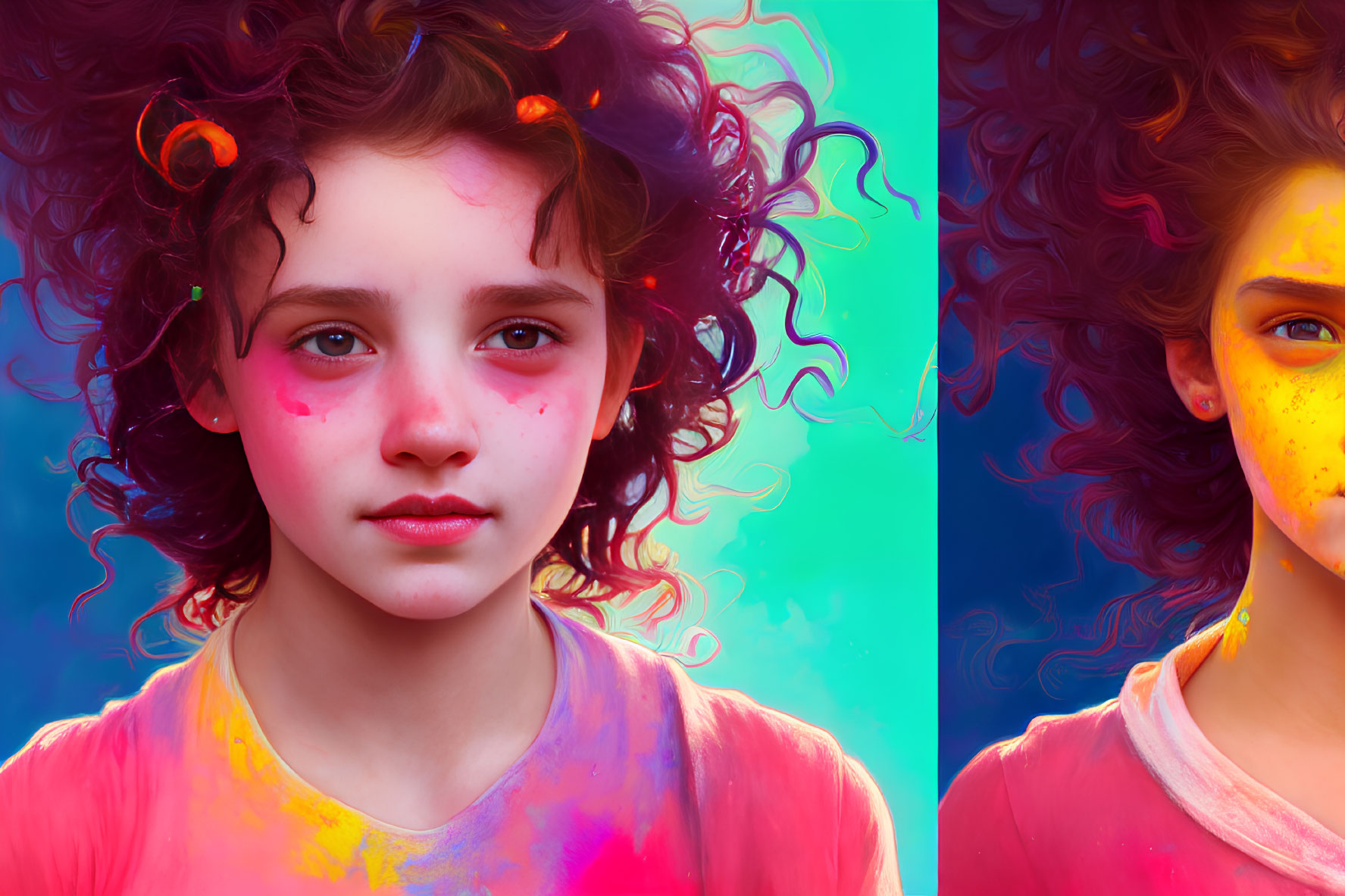 Colorful digital portrait of young girl with curly hair on gradient background