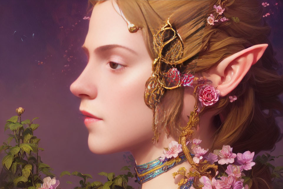 Elf woman portrait with ear jewelry and flowers in serene setting