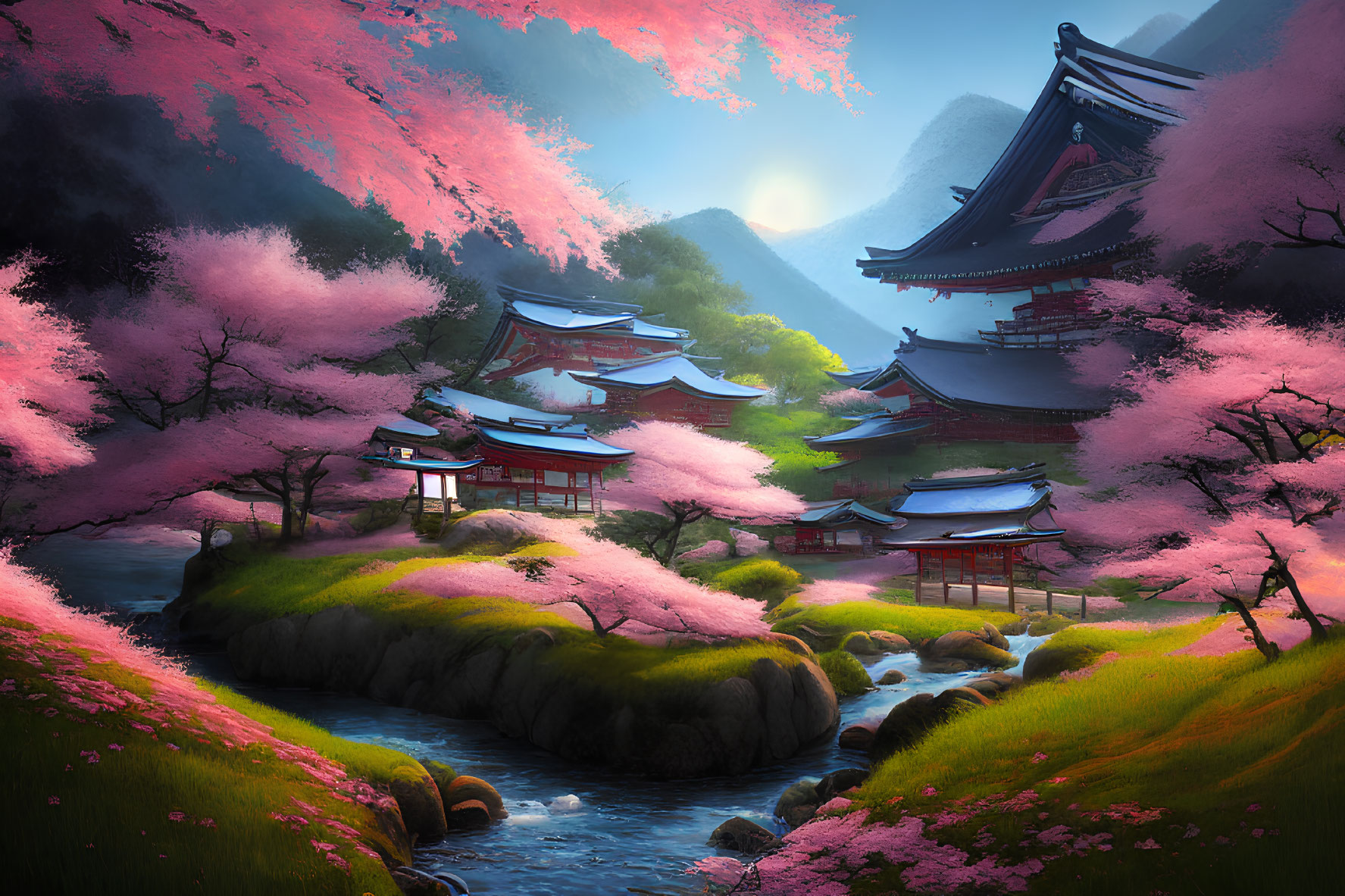 Traditional Asian Village Landscape with Cherry Trees and River