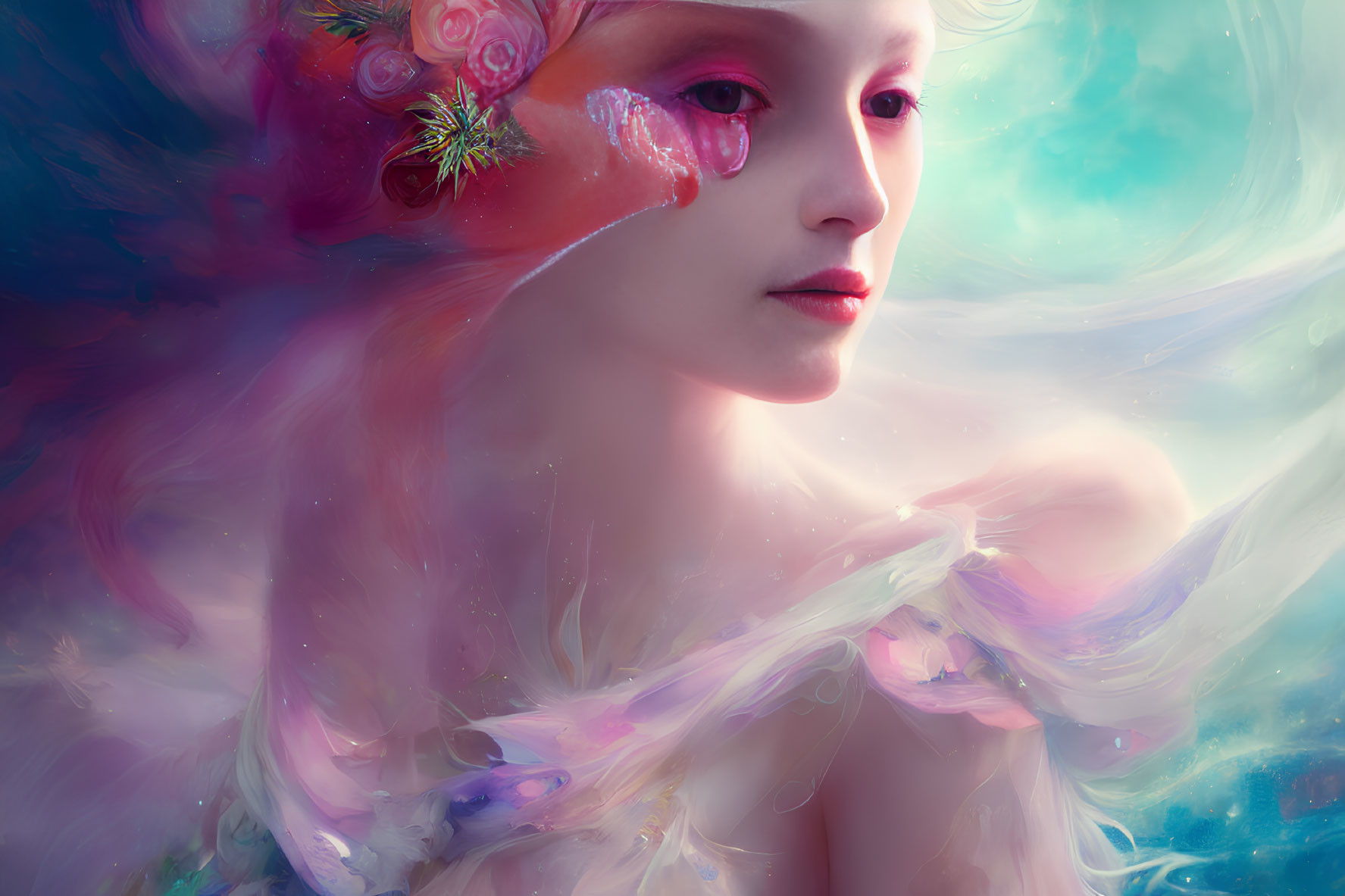 Surreal portrait with translucent fabrics and floral headpiece