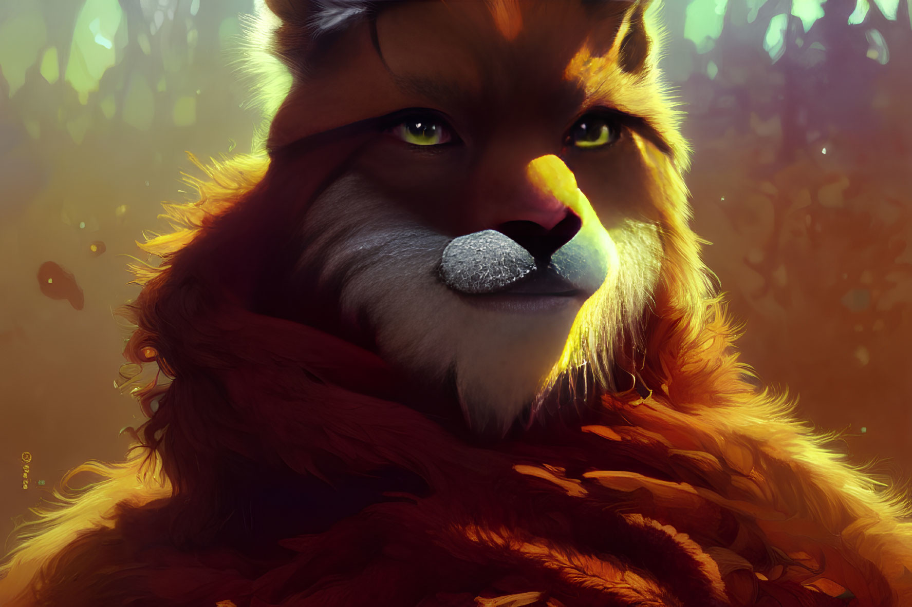 Anthropomorphic fox with green eyes and orange fur in red scarf in sunlit forest