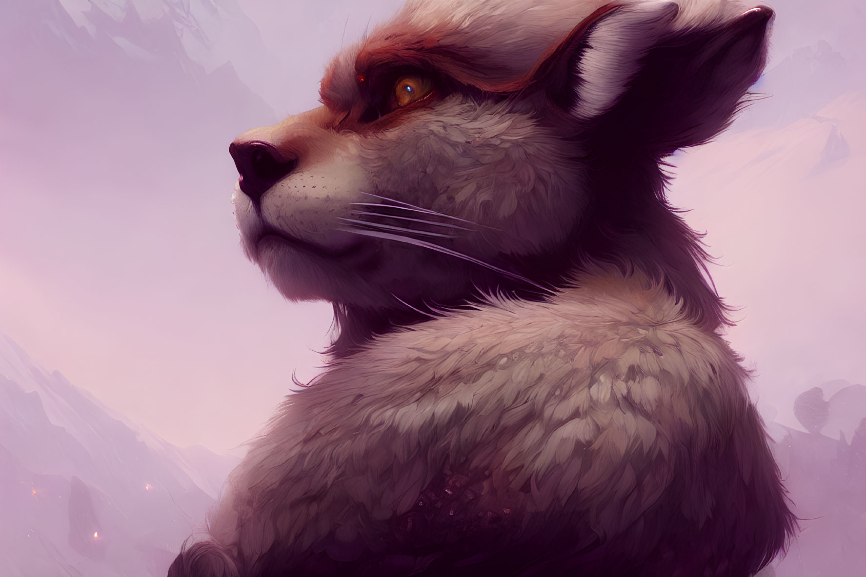 Majestic fox in contemplative pose against mystical purple backdrop