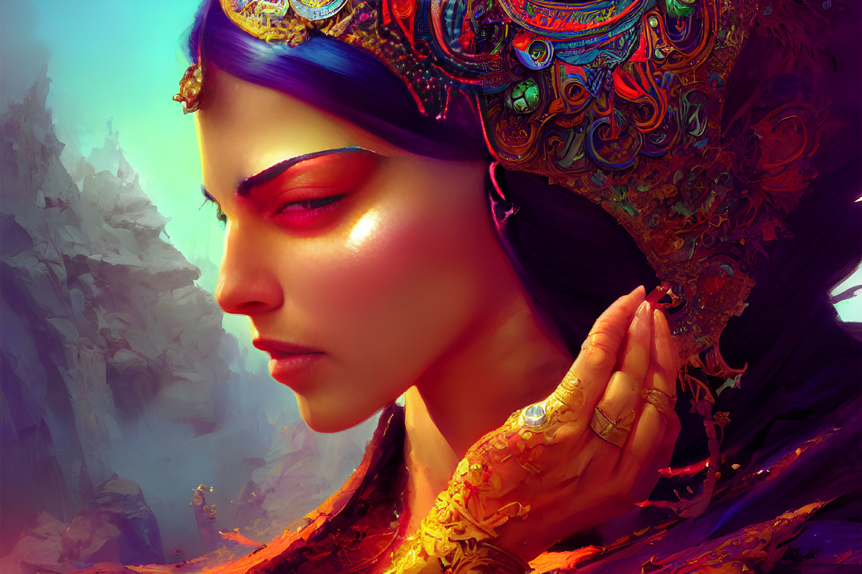 Colorful digital artwork: Woman with crown and henna tattoos in rocky landscape