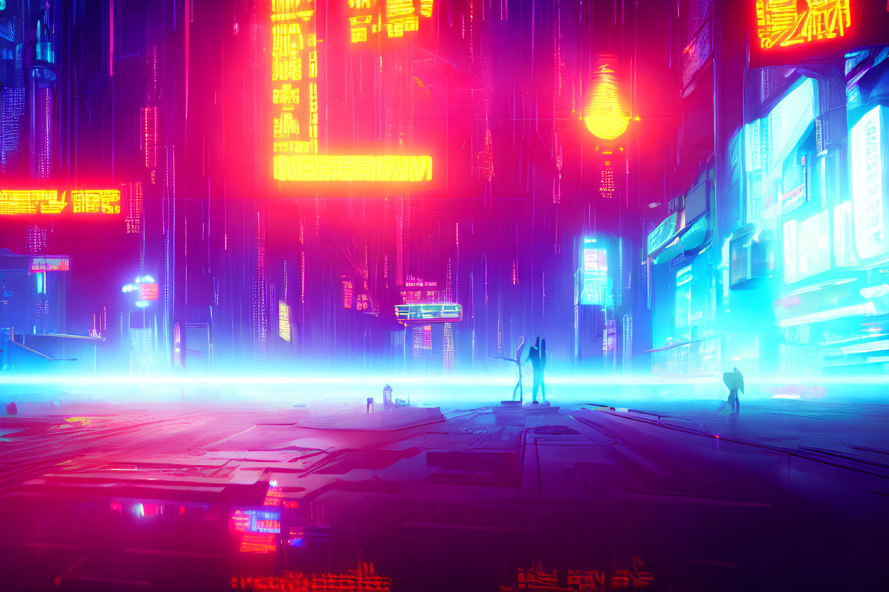 Neon-lit cyberpunk cityscape with skyscrapers and glowing lanterns