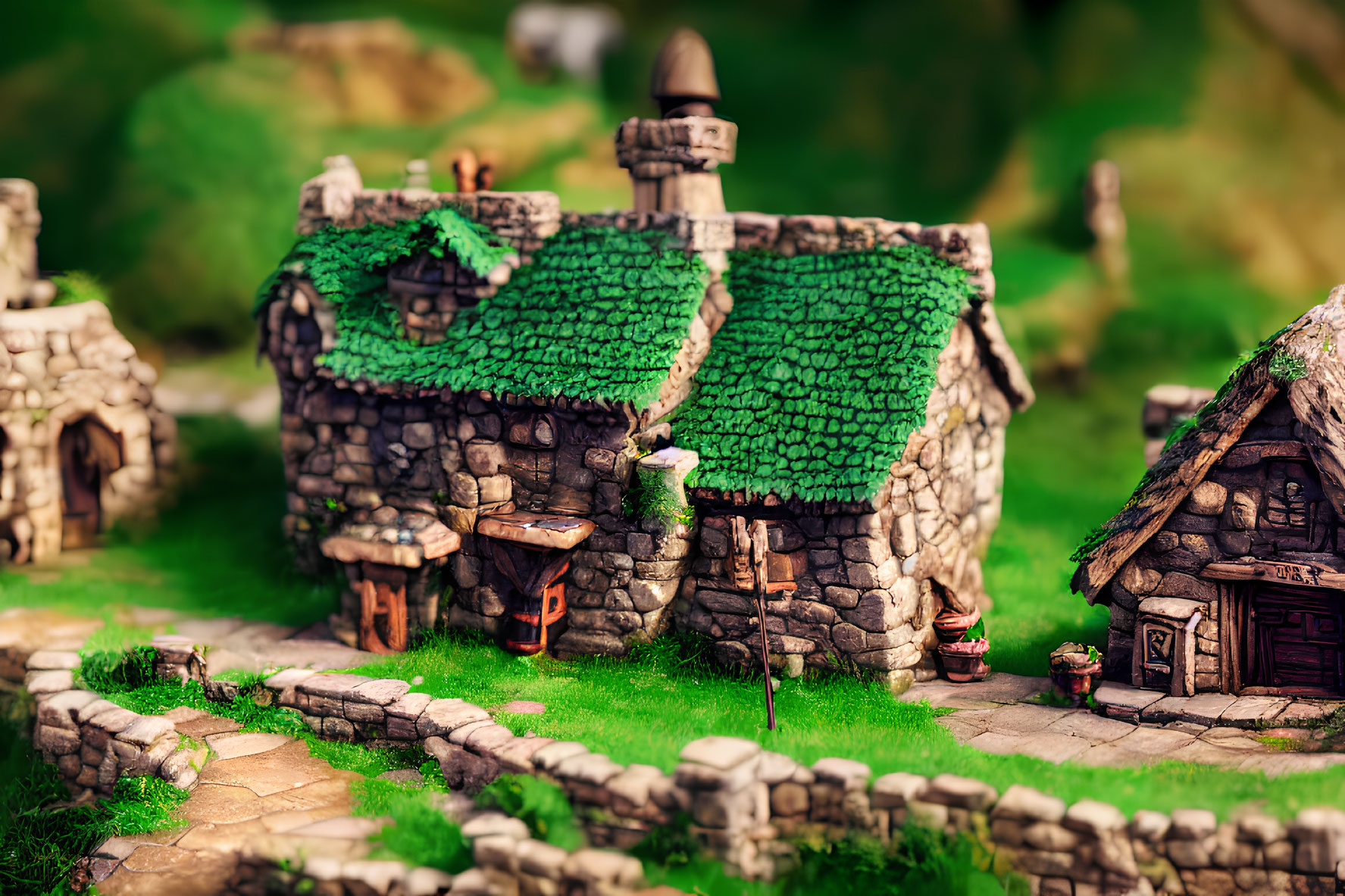 Detailed miniature fairy tale village scene with stone house, thatched roof, tiny windows, and cobble