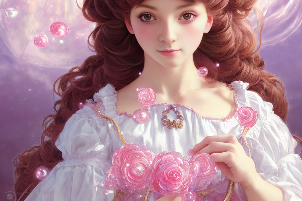 Digital artwork: Young woman with expressive eyes, curly brown hair, white dress with pink roses, surrounded