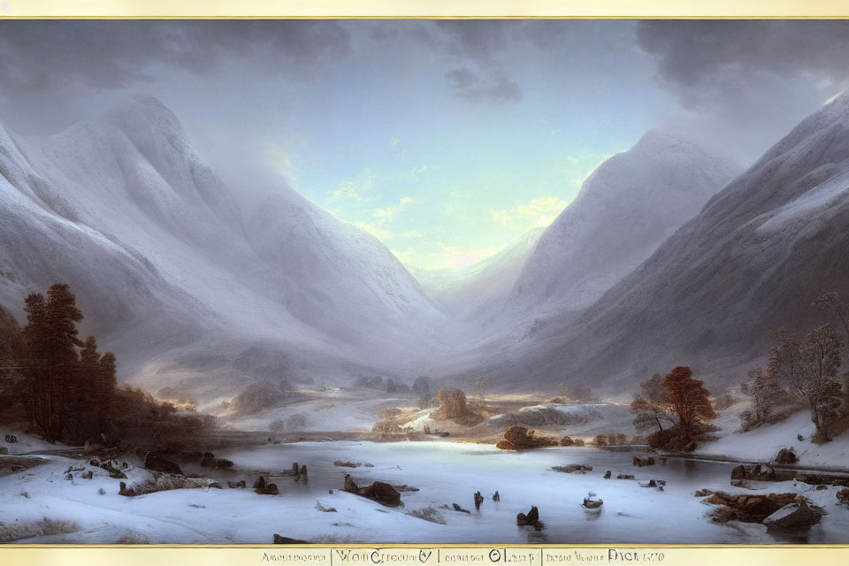 Snow-covered mountains and frozen river in serene winter landscape