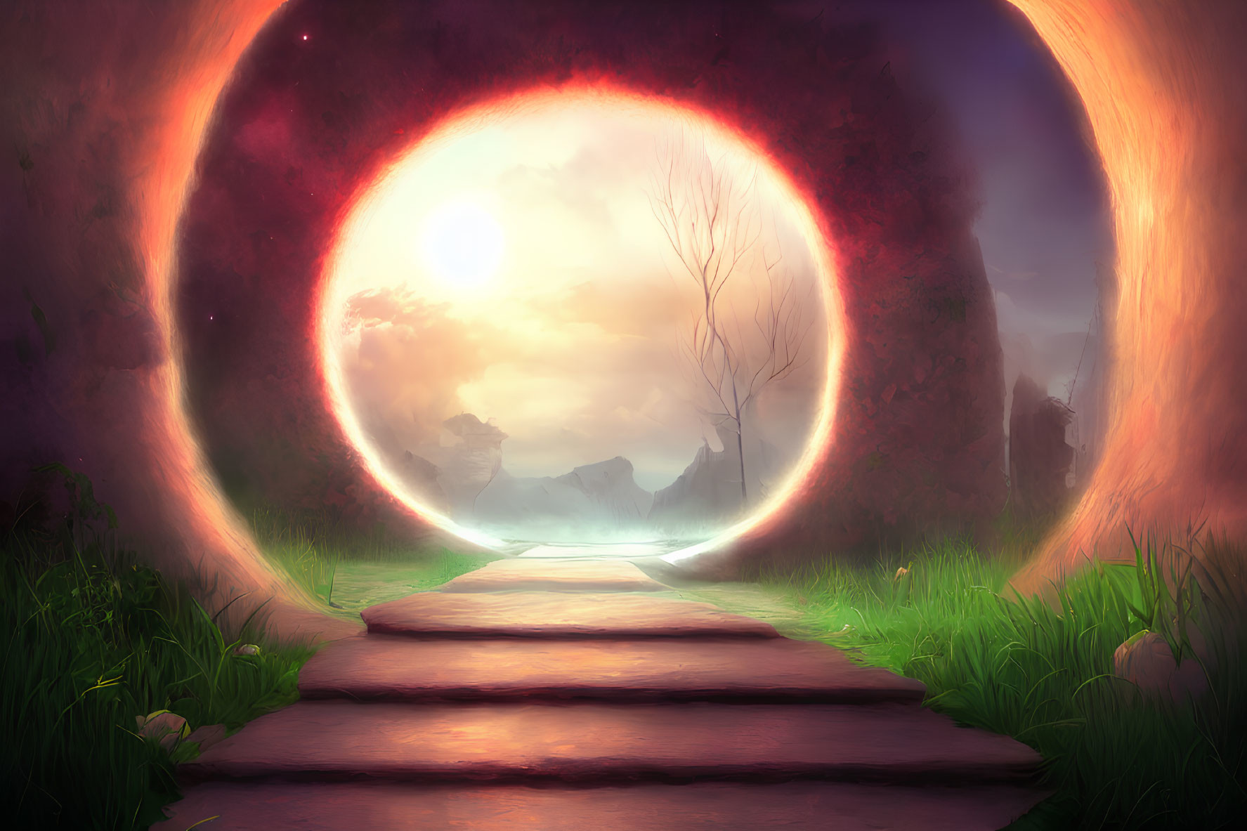 Stone Path to Glowing Magical Portal with Sunrise Landscape