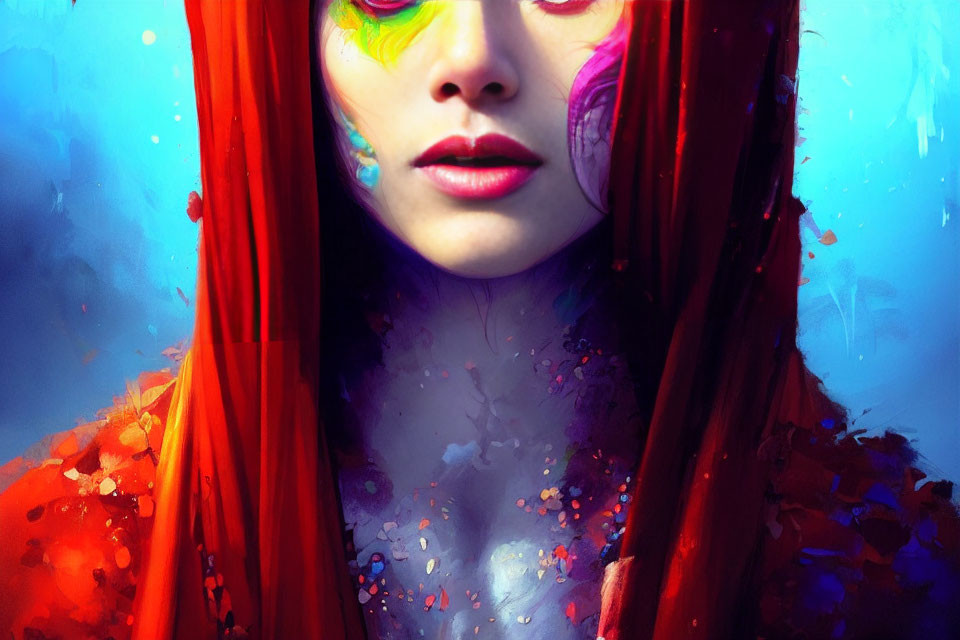 Colorful Painted Woman with Red Hair on Blue Background