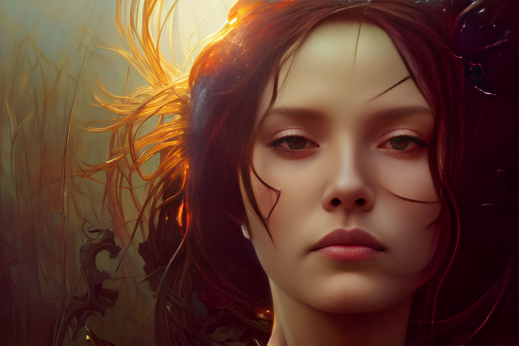 Digital painting of woman with red hair backlit by warm glow in tall grasses