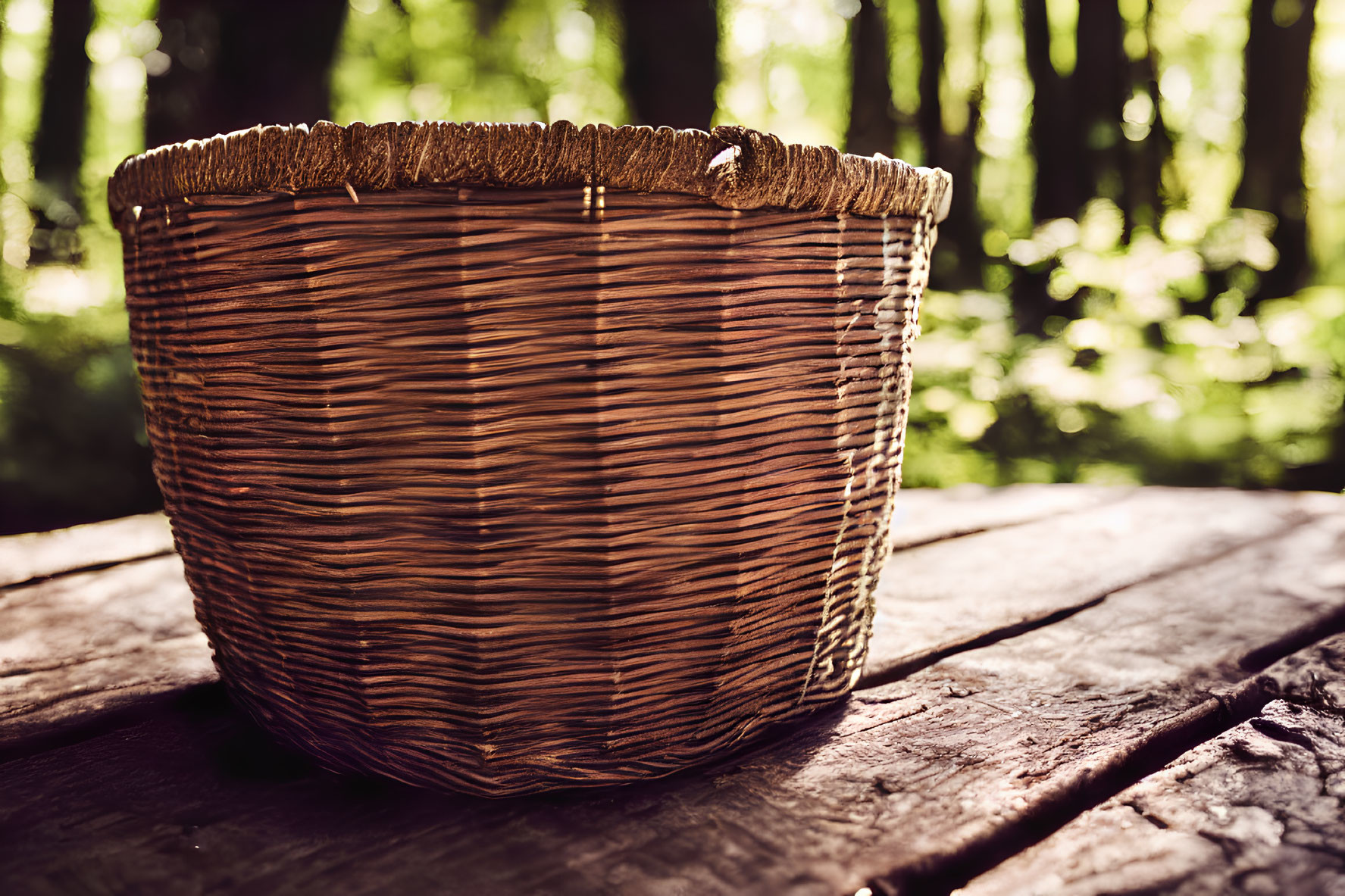 Woven basket on weathered wooden table in forest setting