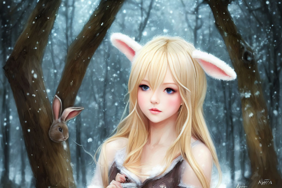 Digital artwork: Young woman with blonde hair and rabbit ears in snowy forest