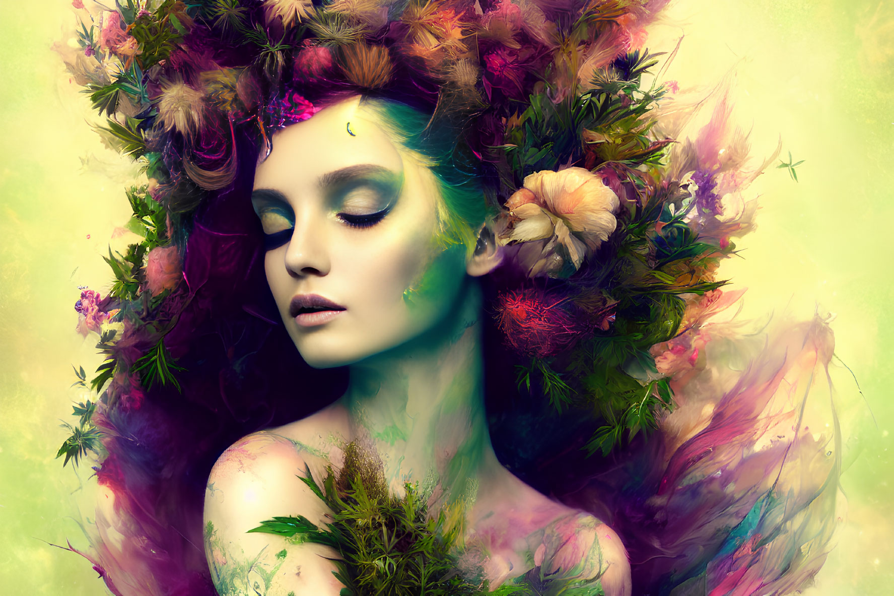 Colorful digital artwork of woman with floral crown in abstract green and pink hues