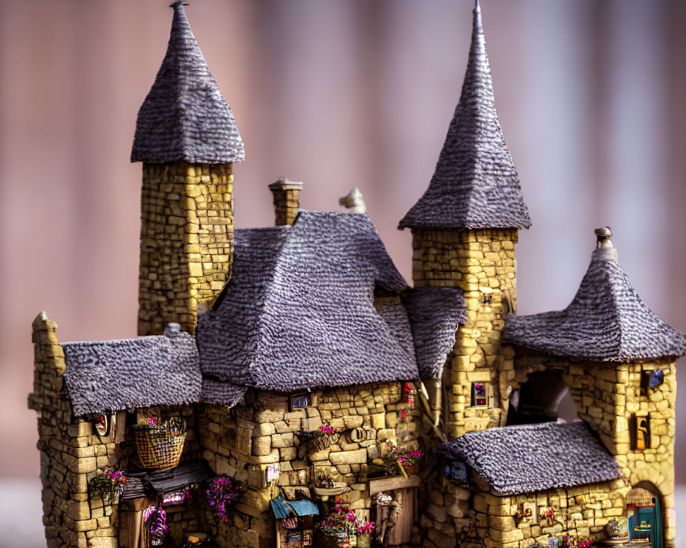 Detailed Miniature Fairy Tale Castle with Pointed Roofs and Stonework against Flowered Background