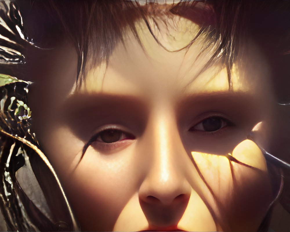 Person's Face Close-Up with Sunlight Shadows and Blurred Edges