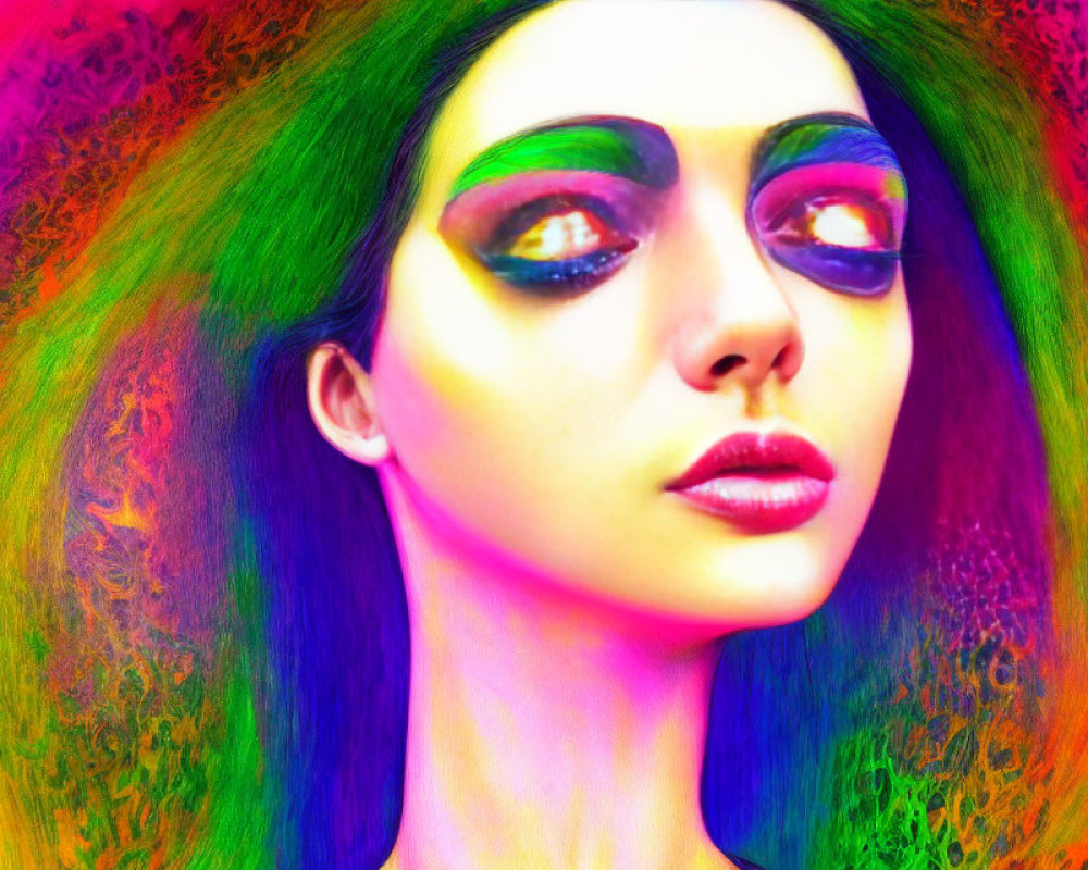 Colorful portrait of woman with green hair and vibrant makeup on neon background