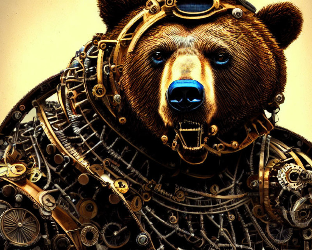 Steampunk-style bear illustration with mechanical gear elements on tan background