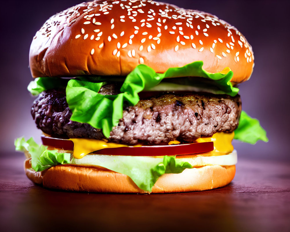 Classic Cheeseburger with Sesame Bun, Lettuce, Tomato, Cheese, and Beef Patty in