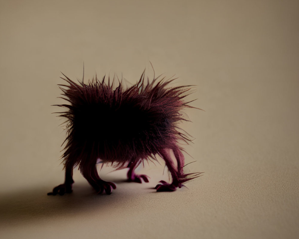 Spiky dark creature with fluffy appearance on smooth surface