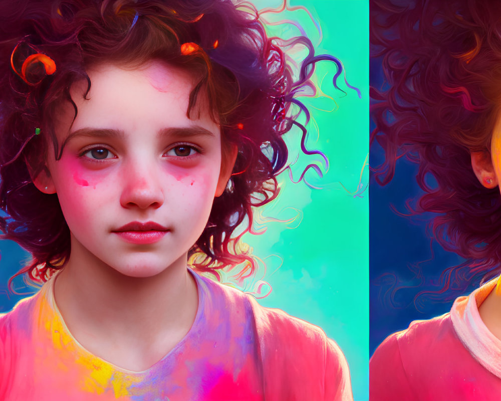 Colorful digital portrait of young girl with curly hair on gradient background