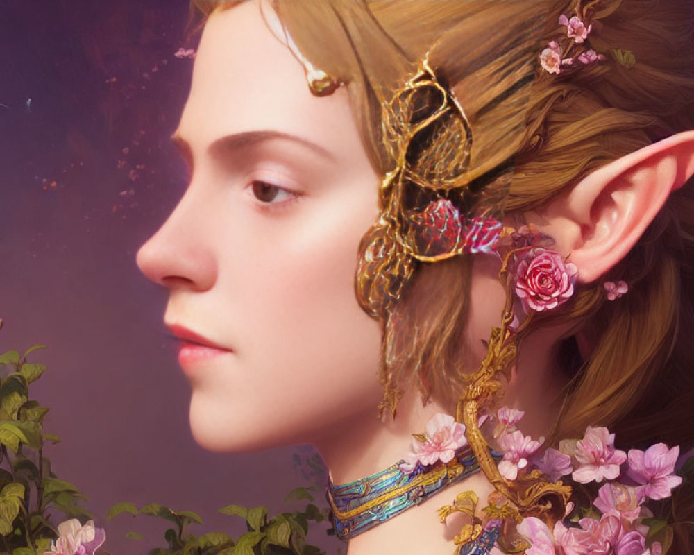 Elf woman portrait with ear jewelry and flowers in serene setting