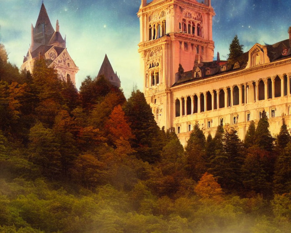 Majestic castle in autumn forest with fog, lake, and starry night sky.