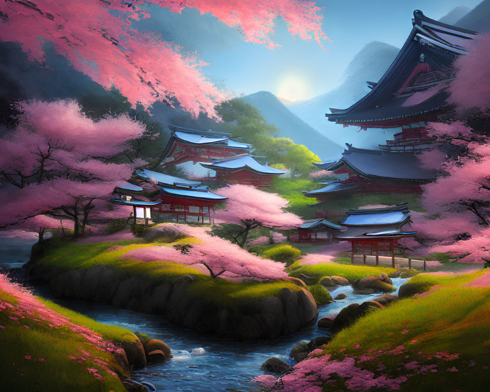 Traditional Asian Village Landscape with Cherry Trees and River