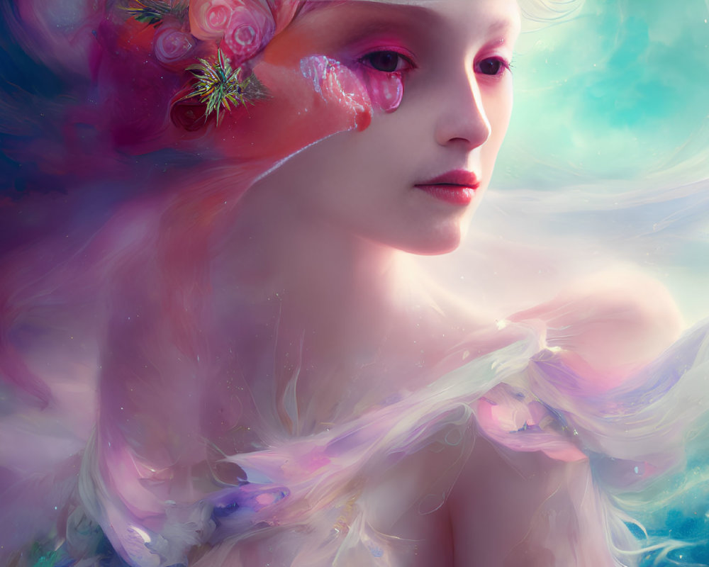 Surreal portrait with translucent fabrics and floral headpiece