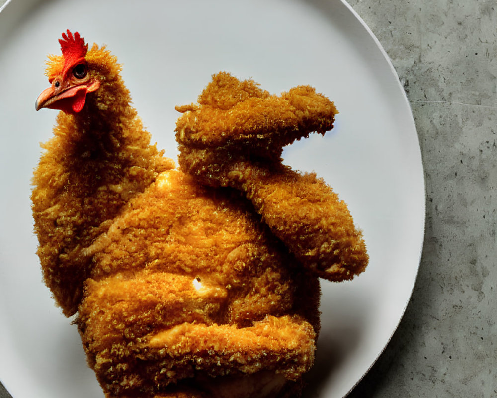 Golden-brown fried hen-shaped chicken on a plate