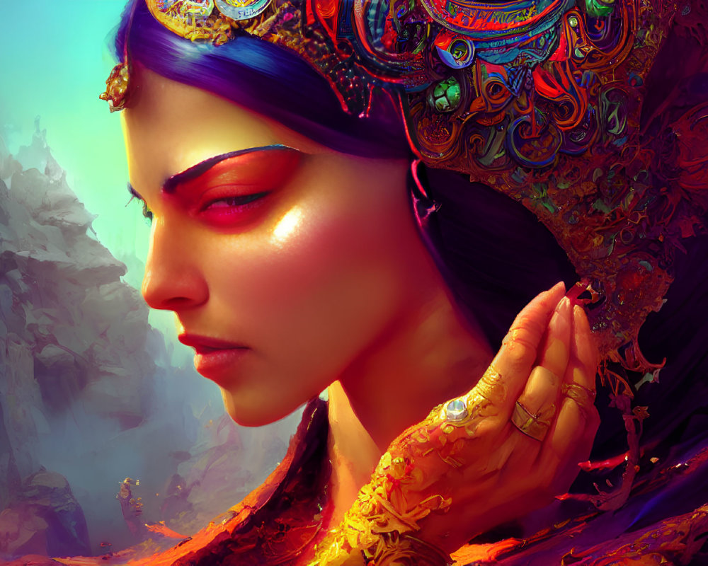 Colorful digital artwork: Woman with crown and henna tattoos in rocky landscape