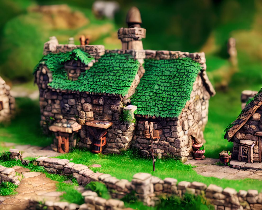 Detailed miniature fairy tale village scene with stone house, thatched roof, tiny windows, and cobble