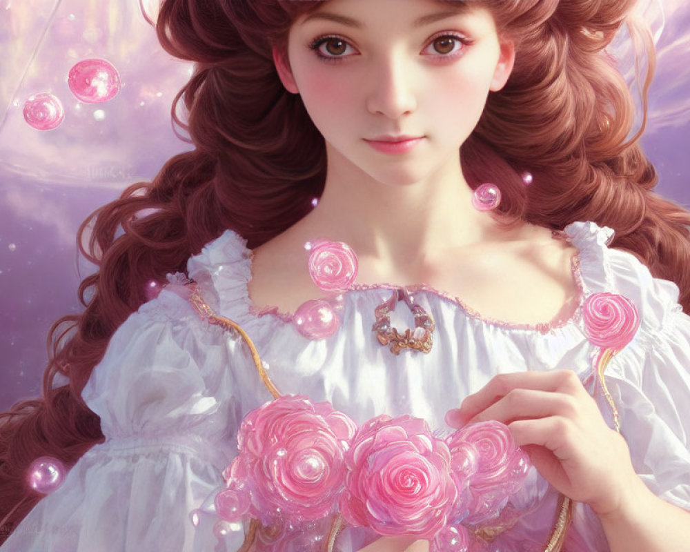 Digital artwork: Young woman with expressive eyes, curly brown hair, white dress with pink roses, surrounded