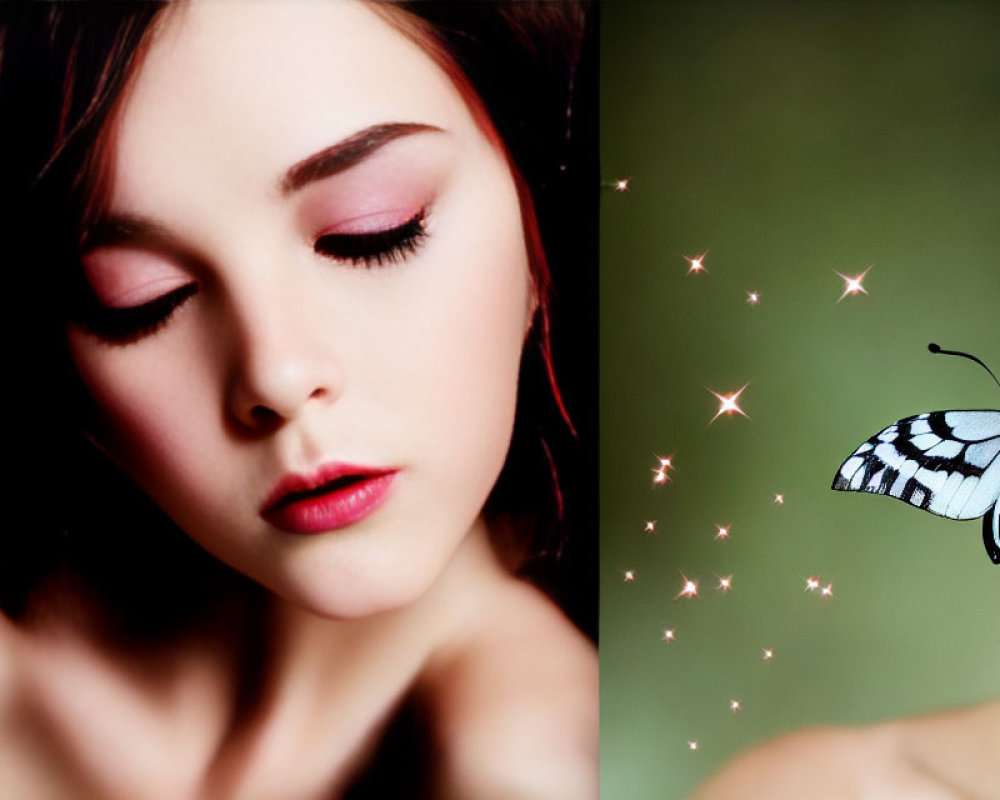 Woman with Closed Eyes and Butterfly in Bokeh Sparkle Background