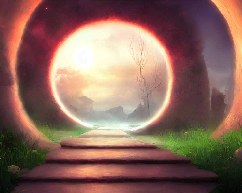 Stone Path to Glowing Magical Portal with Sunrise Landscape