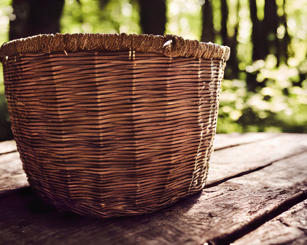 Woven basket on weathered wooden table in forest setting