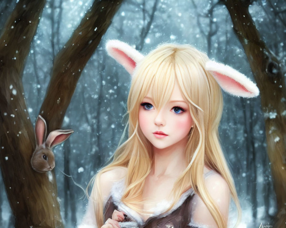 Digital artwork: Young woman with blonde hair and rabbit ears in snowy forest