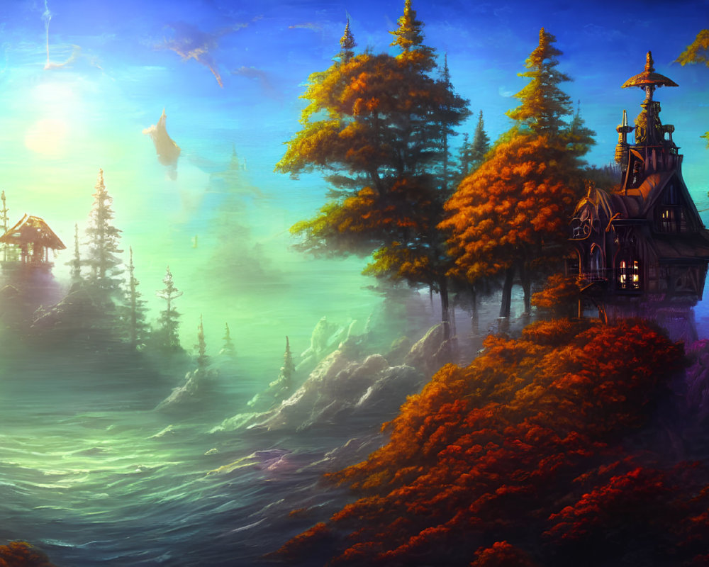 Fantasy landscape with mystical house, autumn trees, mist, and floating islands