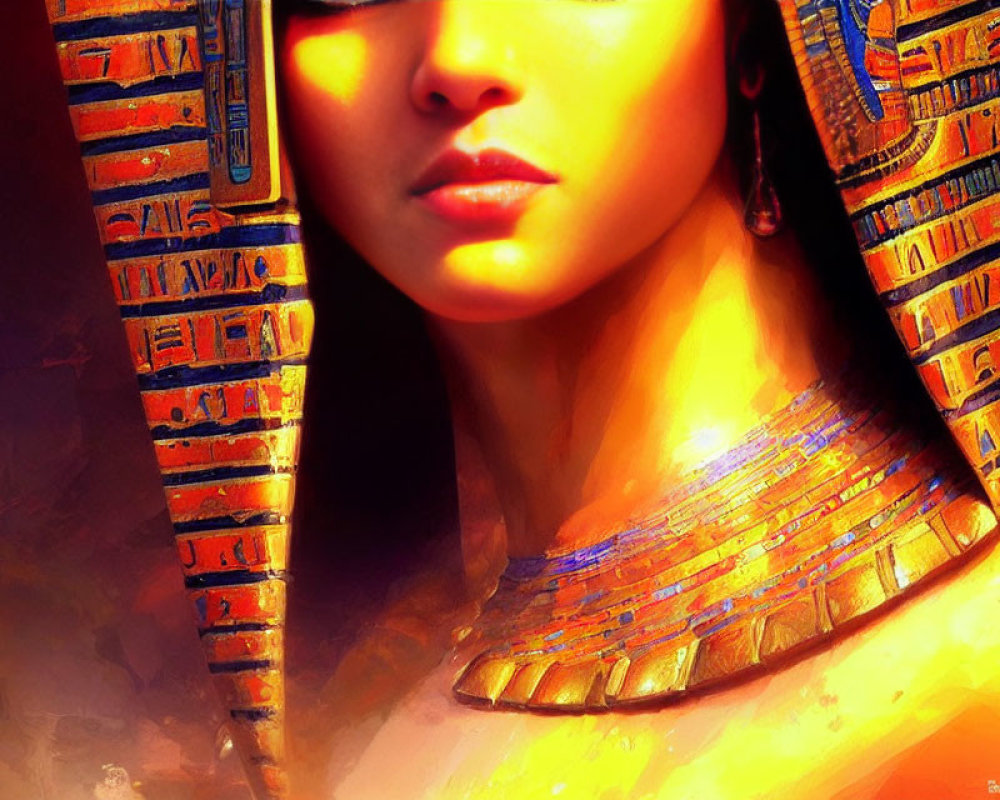 Colorful Egyptian-style portrait of a woman with hieroglyphic patterns