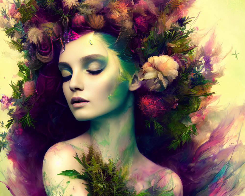 Colorful digital artwork of woman with floral crown in abstract green and pink hues