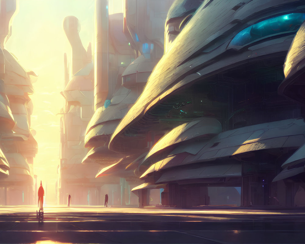 Futuristic Cityscape with Curved Buildings and Lone Figure