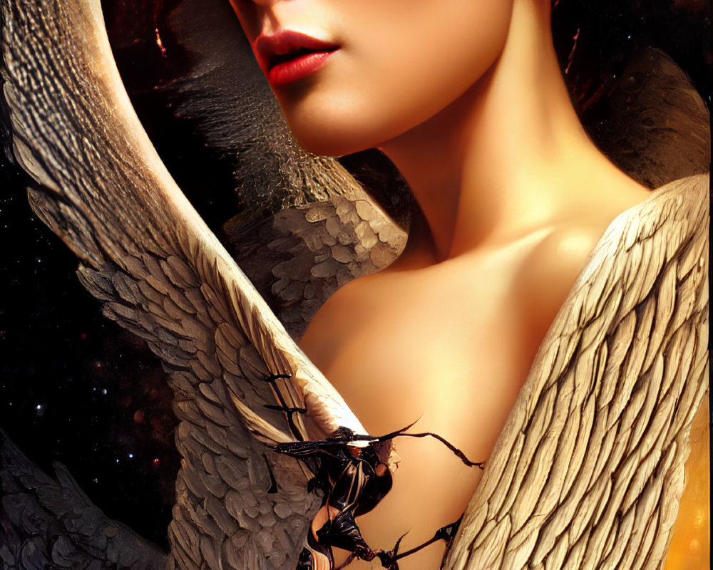 Red-haired woman enveloped in bird-like wings against fiery cosmic background