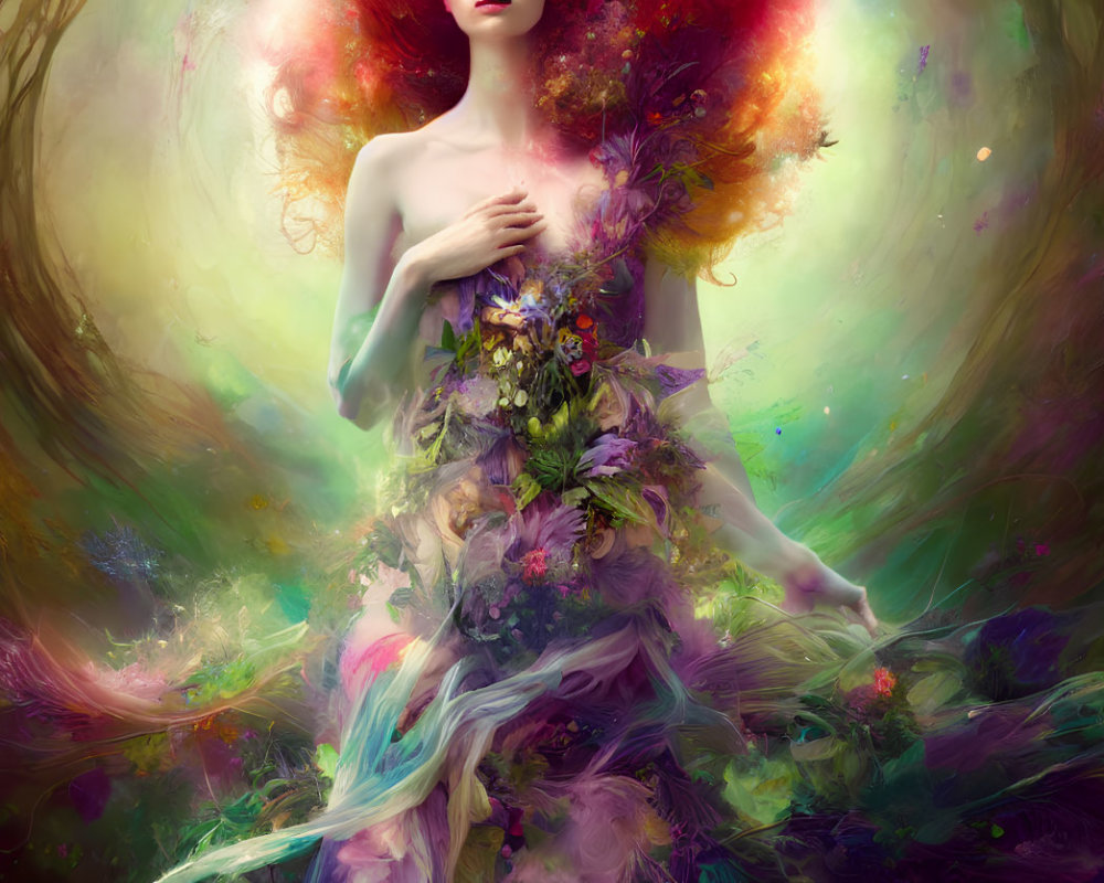 Vibrant foliage and flowers blend with vivid colors in surreal portrait