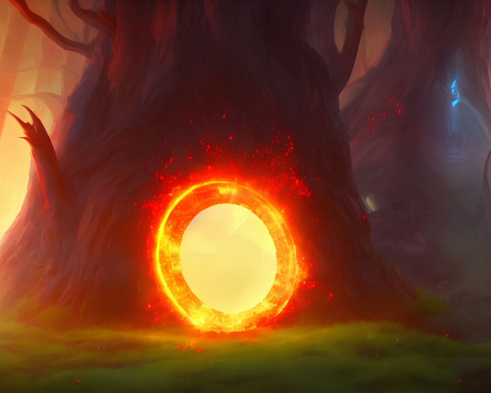 Mystical forest scene with glowing fiery portal and giant trees