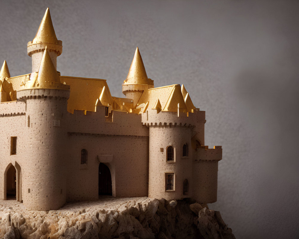 Miniature Castle Model with Golden Roofs and Intricate Details on Neutral Background