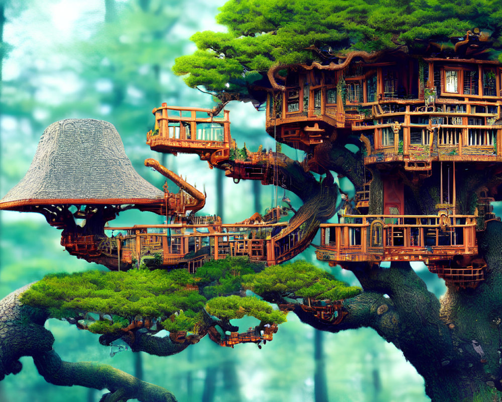 Intricate wooden architecture in fantastical treehouse amid lush forest