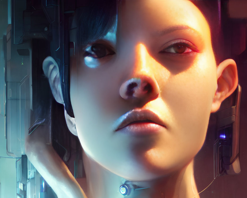 Digital art portrait of a woman with cyborg features and glowing red eyes in futuristic setting