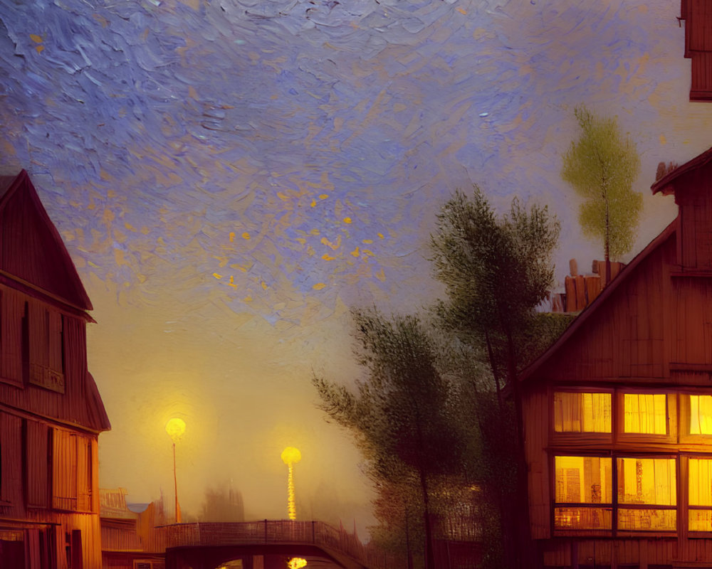 Serene evening digital artwork with illuminated buildings and swirling twilight sky