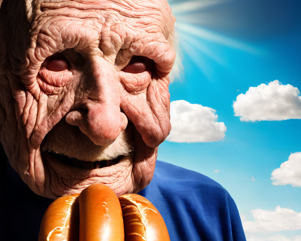 Elderly person smiling with hot dog under blue sky